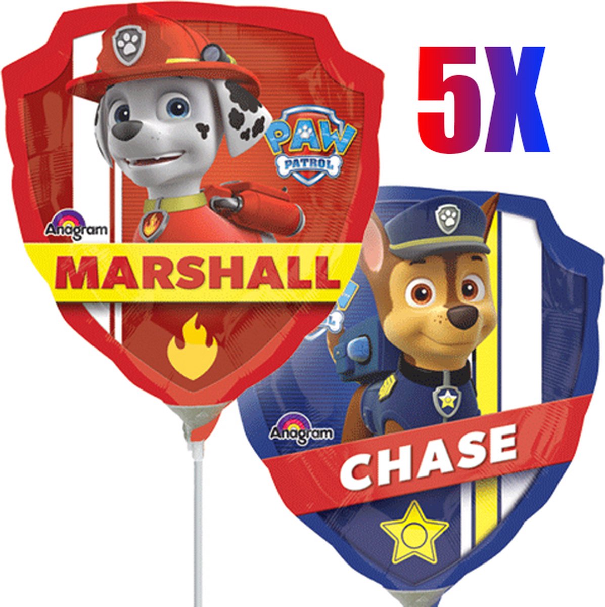 PAW Patrol Marshall & Chase Ballonnen Set (5 stuks) (Inclusief ballonstokje en ballonhoudertje) {Ballon Verjaardag Themafeest | Chase, Sky, Rubble, Marshall Happy Birthday | Paw Patrol Speelgoed Knuffel}
